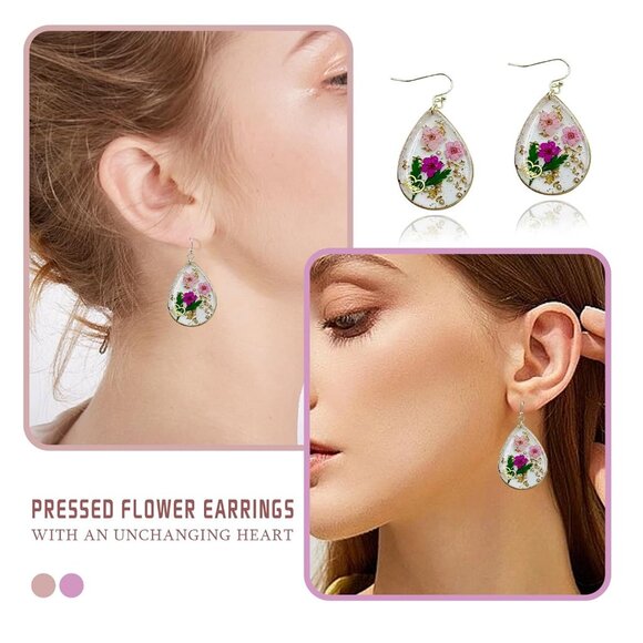Women's Resin Dry Flowers Pressed Drop Dangle Purple Pink Earrings - Picture 4 of 5